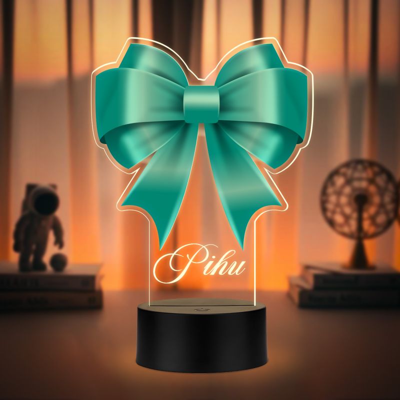 Personalized Turquoise Bow Theme LED Night Light Lamp Custom with Name Girls Room Decor Birthday Gift for Girls Return Gift for Girl Warm White Light & USB Powered